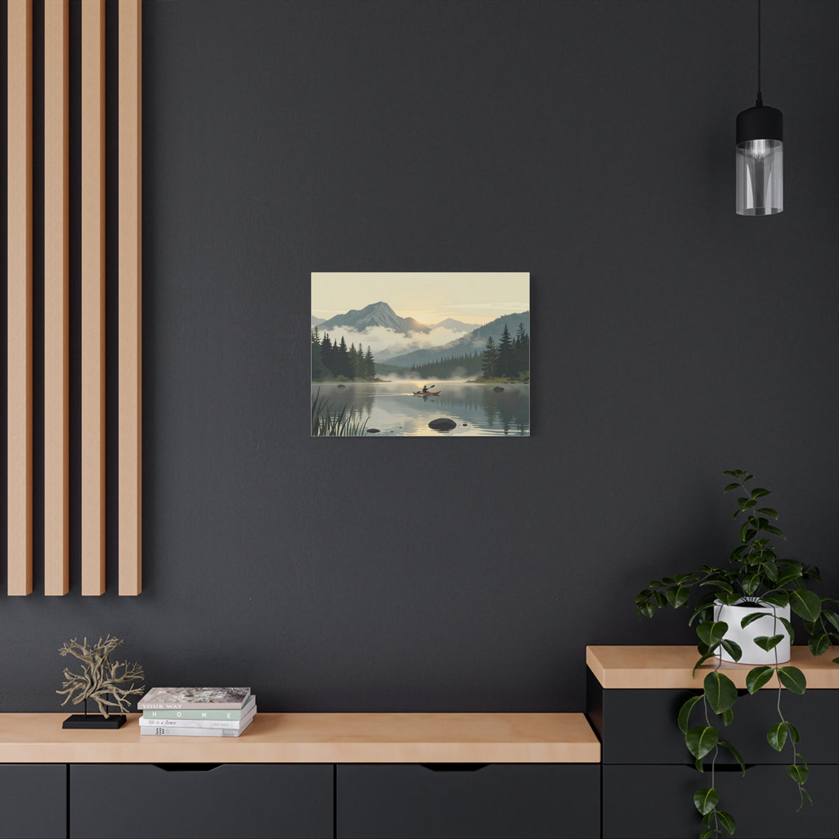 Landscape Canvas Stretch - Lake Canoe Sunset Pine Trees Mountains Fog Reflection Creative Classic