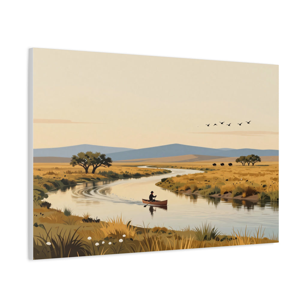 Landscape Canvas Stretch - River Boat Nature Sunset Birds Style Original Vibrant Stylish Creative