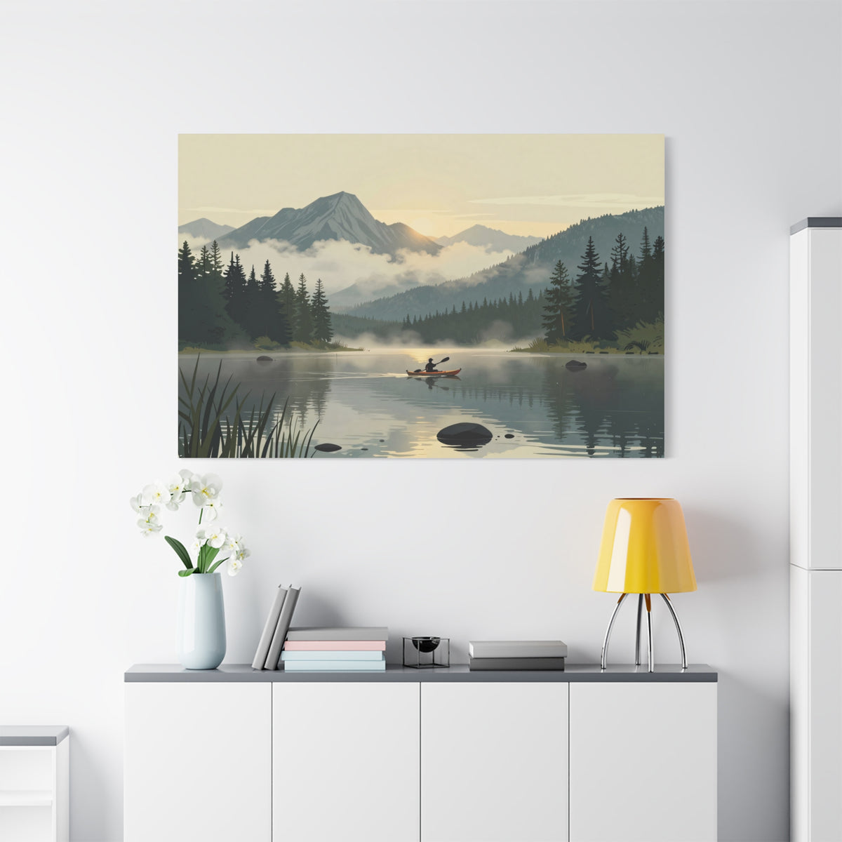 Landscape Canvas Stretch - Lake Canoe Sunset Pine Trees Mountains Fog Reflection Creative Classic