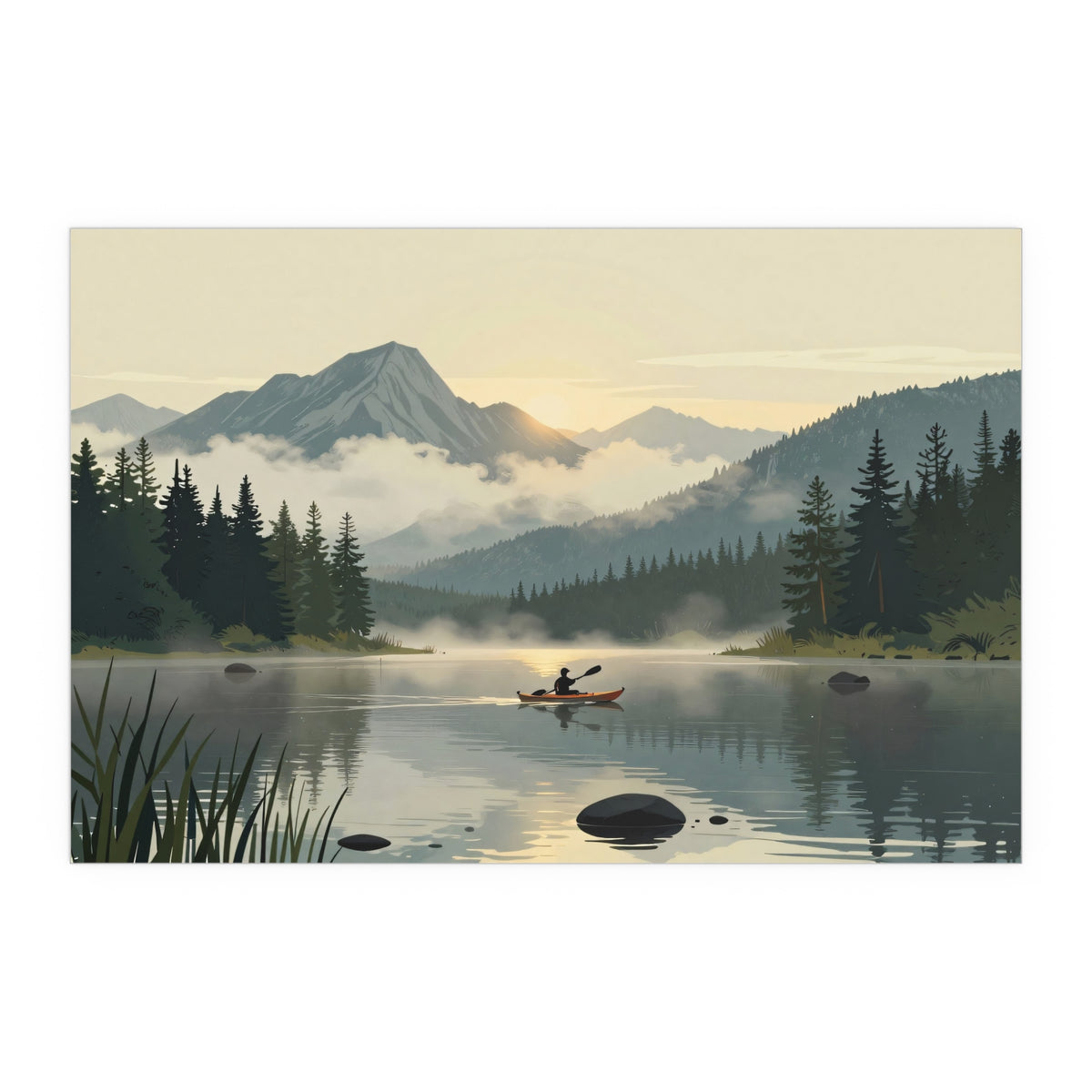 Mountain Lake Serenity Canoeist Twilight