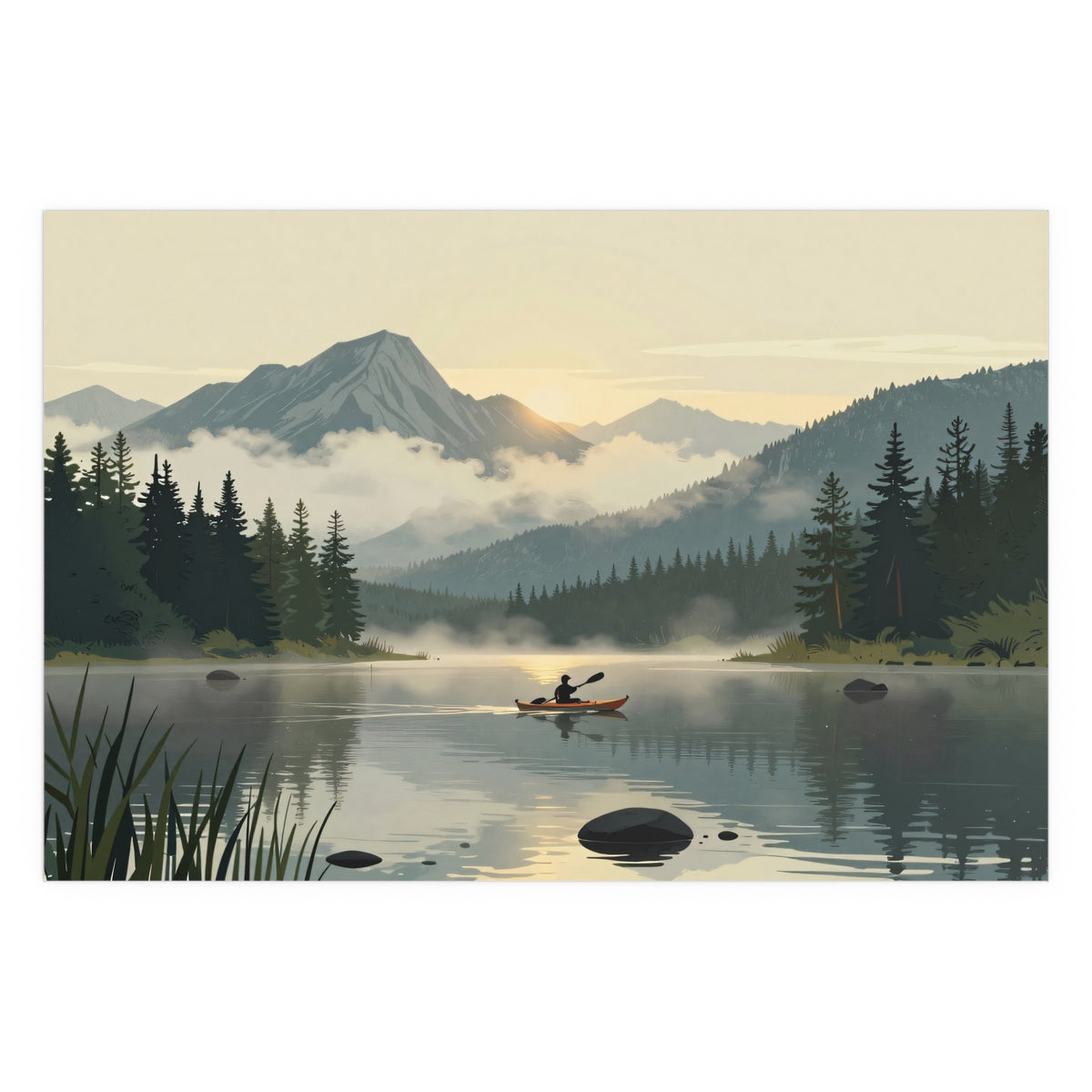 Mountain Lake Serenity Canoeist Twilight