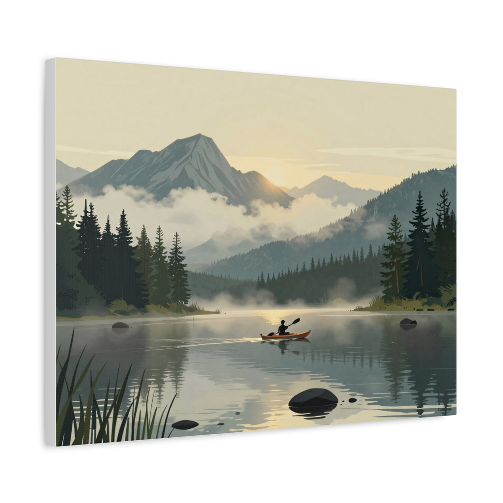 Landscape Canvas Stretch - Lake Canoe Sunset Pine Trees Mountains Fog Reflection Creative Classic