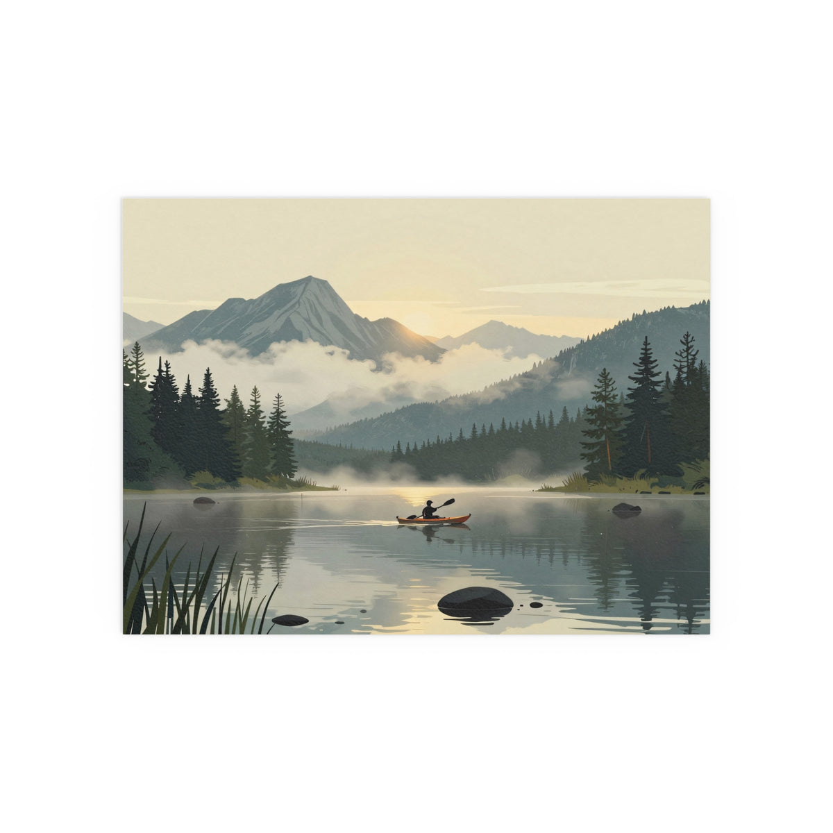 Mountain Lake Serenity Canoeist Twilight