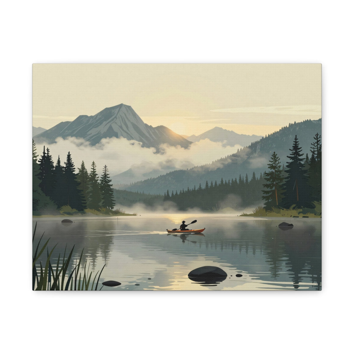 Landscape Canvas Stretch - Lake Canoe Sunset Pine Trees Mountains Fog Reflection Creative Classic