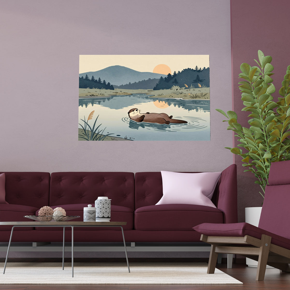 Lake Otter Nature Tranquility Evening Silk Water Wildlife Canoe Outdoor Calm Rural Poster Artwork Canvas Print Home Wall