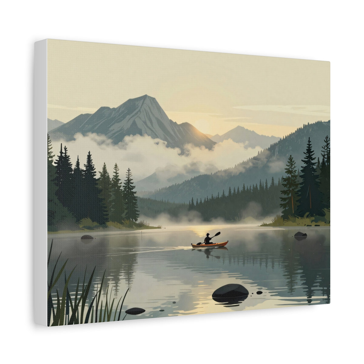 Landscape Canvas Stretch - Lake Canoe Sunset Pine Trees Mountains Fog Reflection Creative Classic