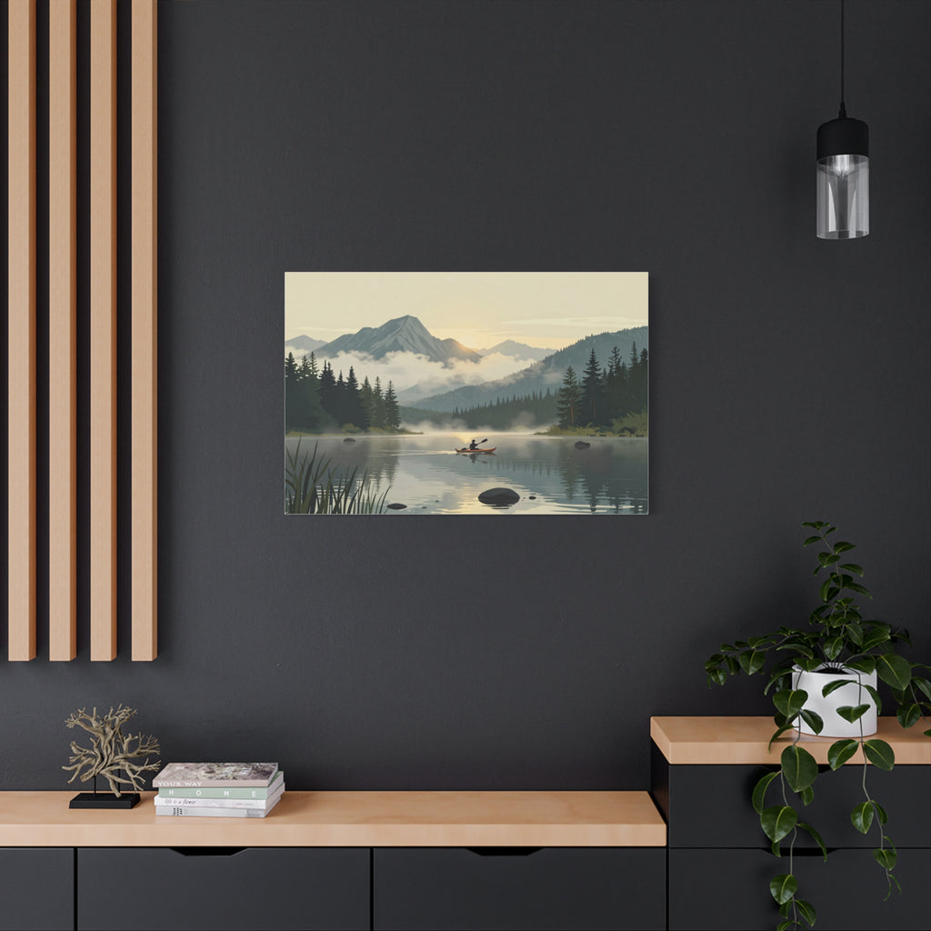 Landscape Canvas Stretch - Lake Canoe Sunset Pine Trees Mountains Fog Reflection Creative Classic