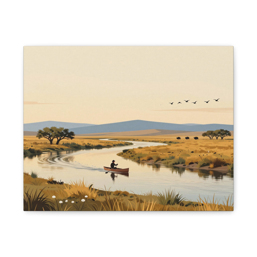 Landscape Canvas Stretch - River Boat Nature Sunset Birds Style Original Vibrant Stylish Creative