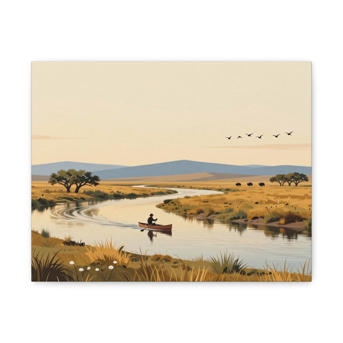 Landscape Canvas Stretch - River Boat Nature Sunset Birds Style Original Vibrant Stylish Creative