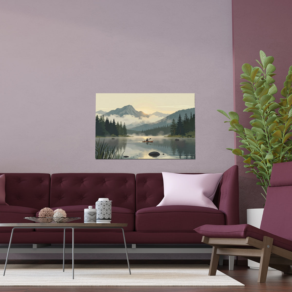 Mountain Lake Serenity Canoeist Twilight