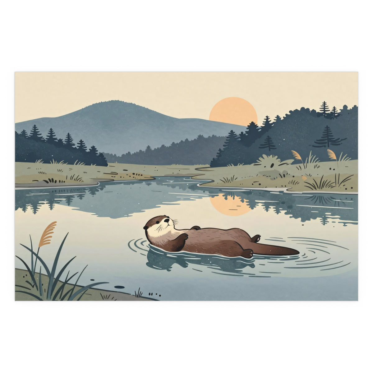 Lake Otter Nature Tranquility Evening Silk Water Wildlife Canoe Outdoor Calm Rural Poster Artwork Canvas Print Home Wall