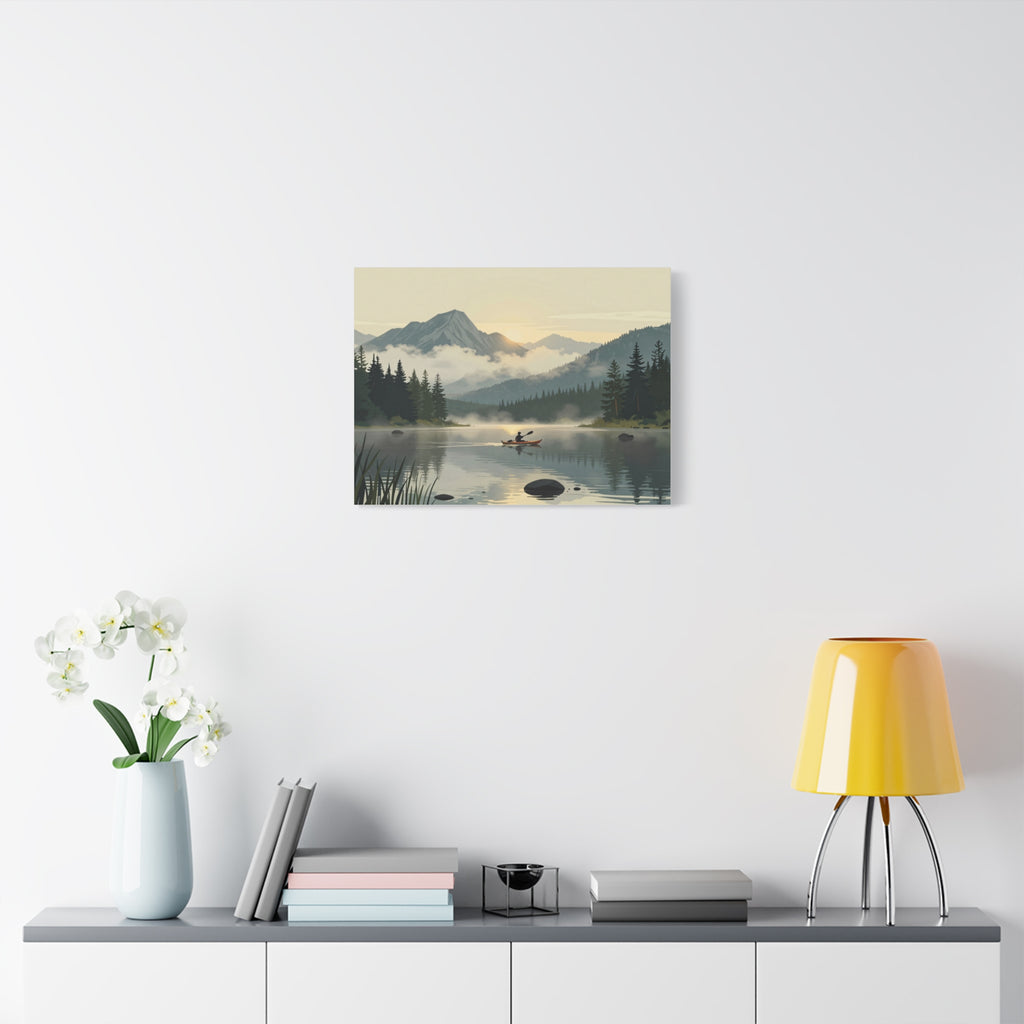 Landscape Canvas Stretch - Lake Canoe Sunset Pine Trees Mountains Fog Reflection Creative Classic