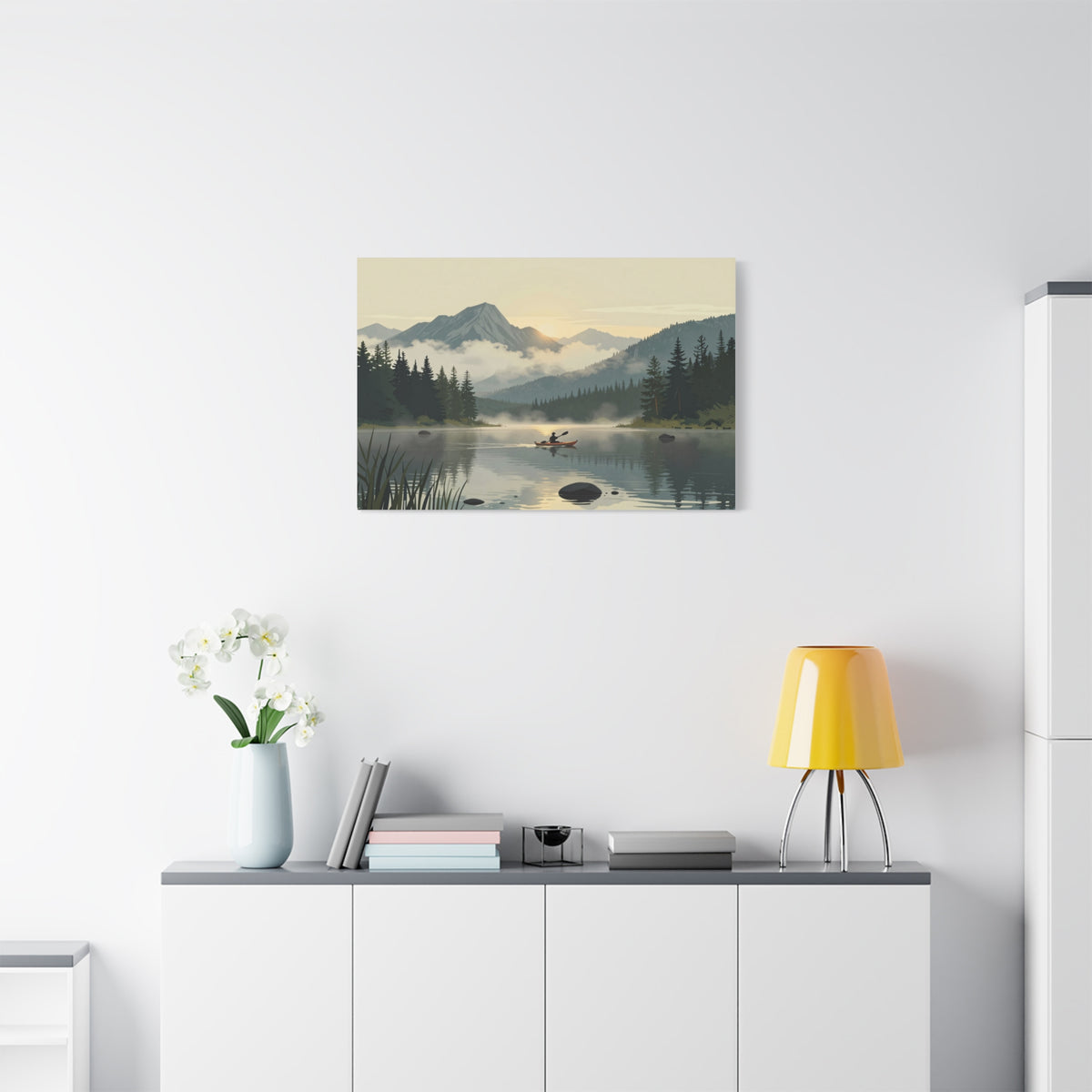 Landscape Canvas Stretch - Lake Canoe Sunset Pine Trees Mountains Fog Reflection Creative Classic