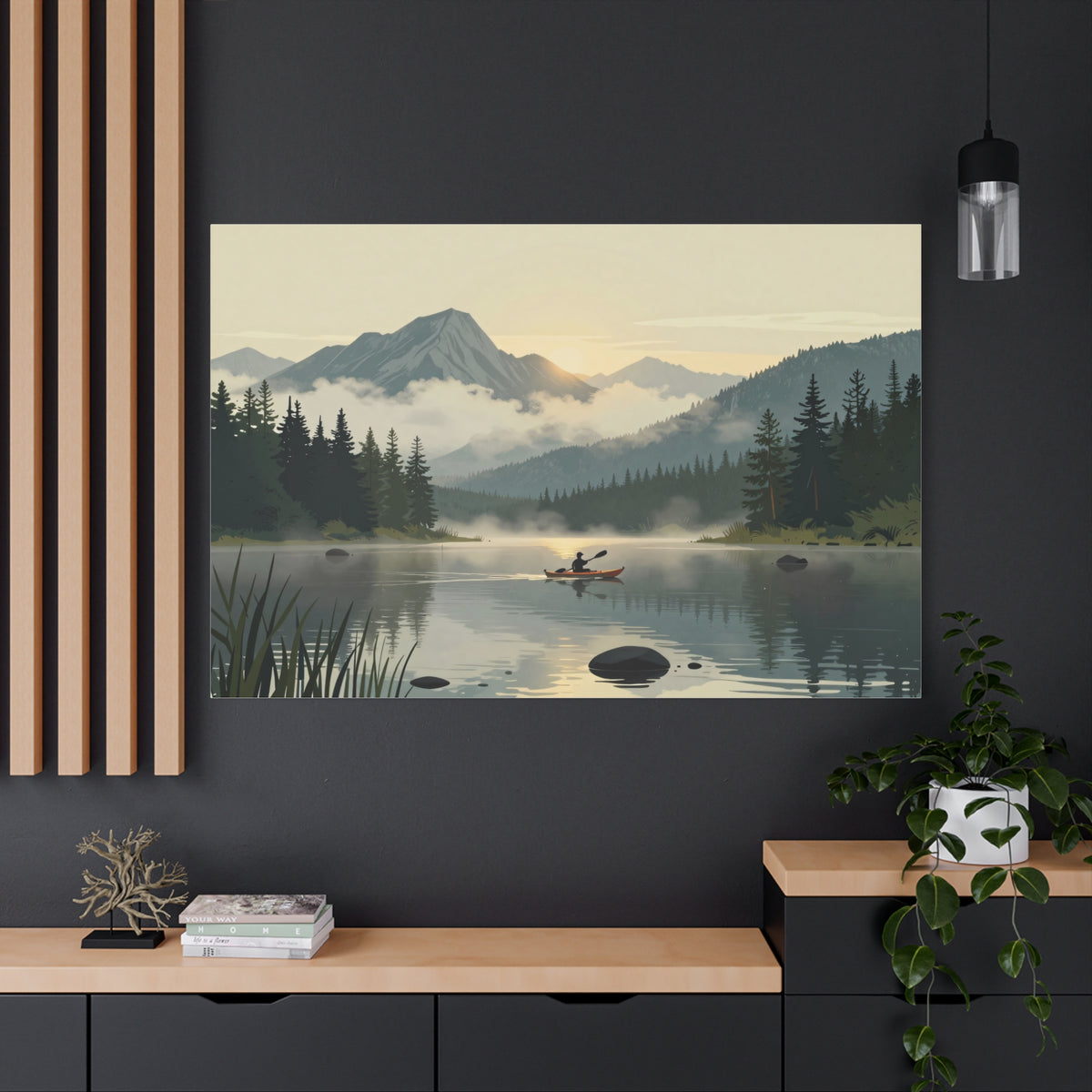 Landscape Canvas Stretch - Lake Canoe Sunset Pine Trees Mountains Fog Reflection Creative Classic