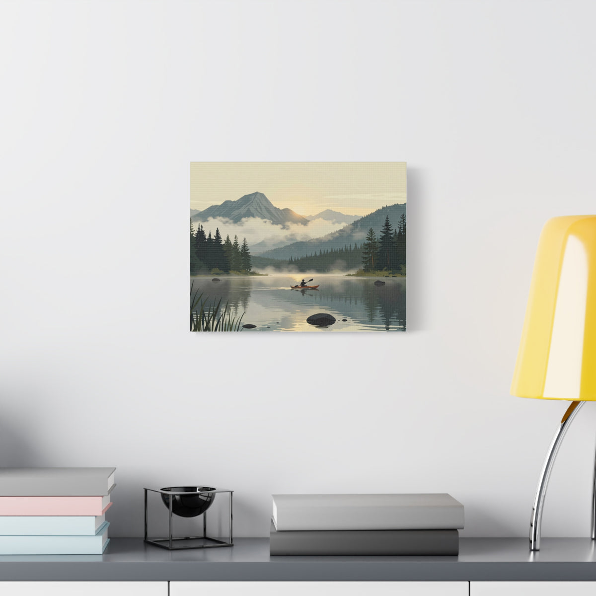 Landscape Canvas Stretch - Lake Canoe Sunset Pine Trees Mountains Fog Reflection Creative Classic
