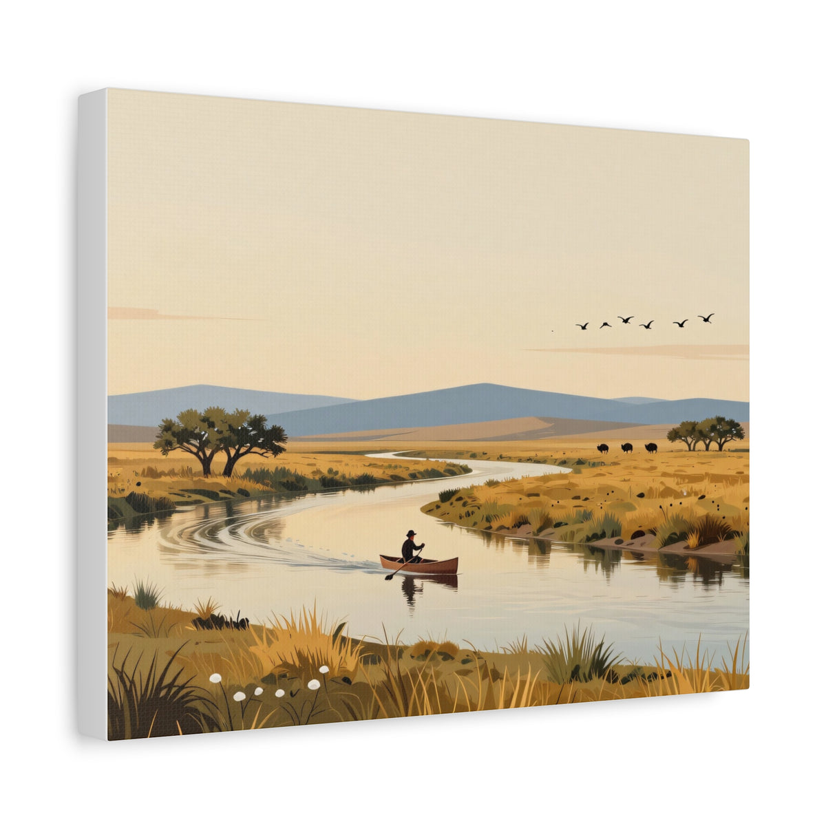 Landscape Canvas Stretch - River Boat Nature Sunset Birds Style Original Vibrant Stylish Creative