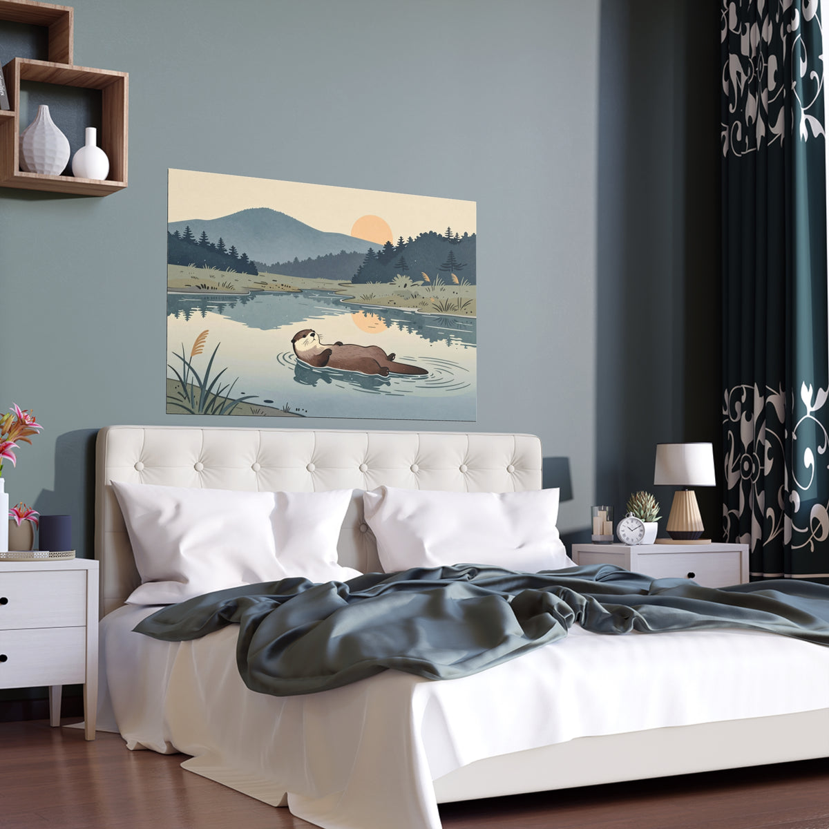 Lake Otter Nature Tranquility Evening Silk Water Wildlife Canoe Outdoor Calm Rural Poster Artwork Canvas Print Home Wall