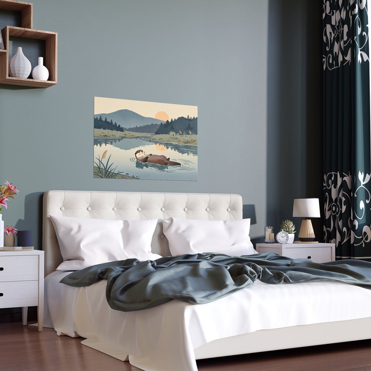 Lake Otter Nature Tranquility Evening Silk Water Wildlife Canoe Outdoor Calm Rural Poster Artwork Canvas Print Home Wall