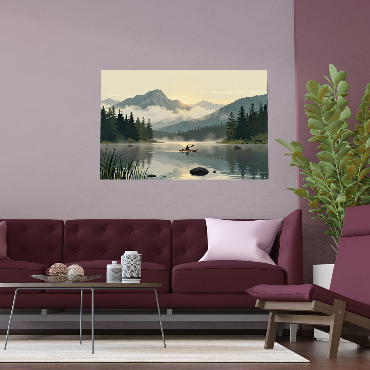 Mountain Lake Serenity Canoeist Twilight