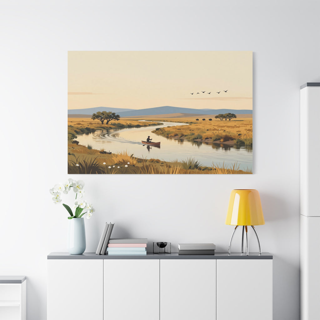 Landscape Canvas Stretch - River Boat Nature Sunset Birds Style Original Vibrant Stylish Creative