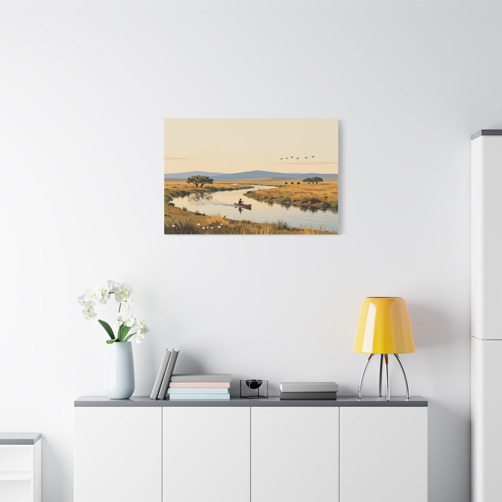 Landscape Canvas Stretch - River Boat Nature Sunset Birds Style Original Vibrant Stylish Creative