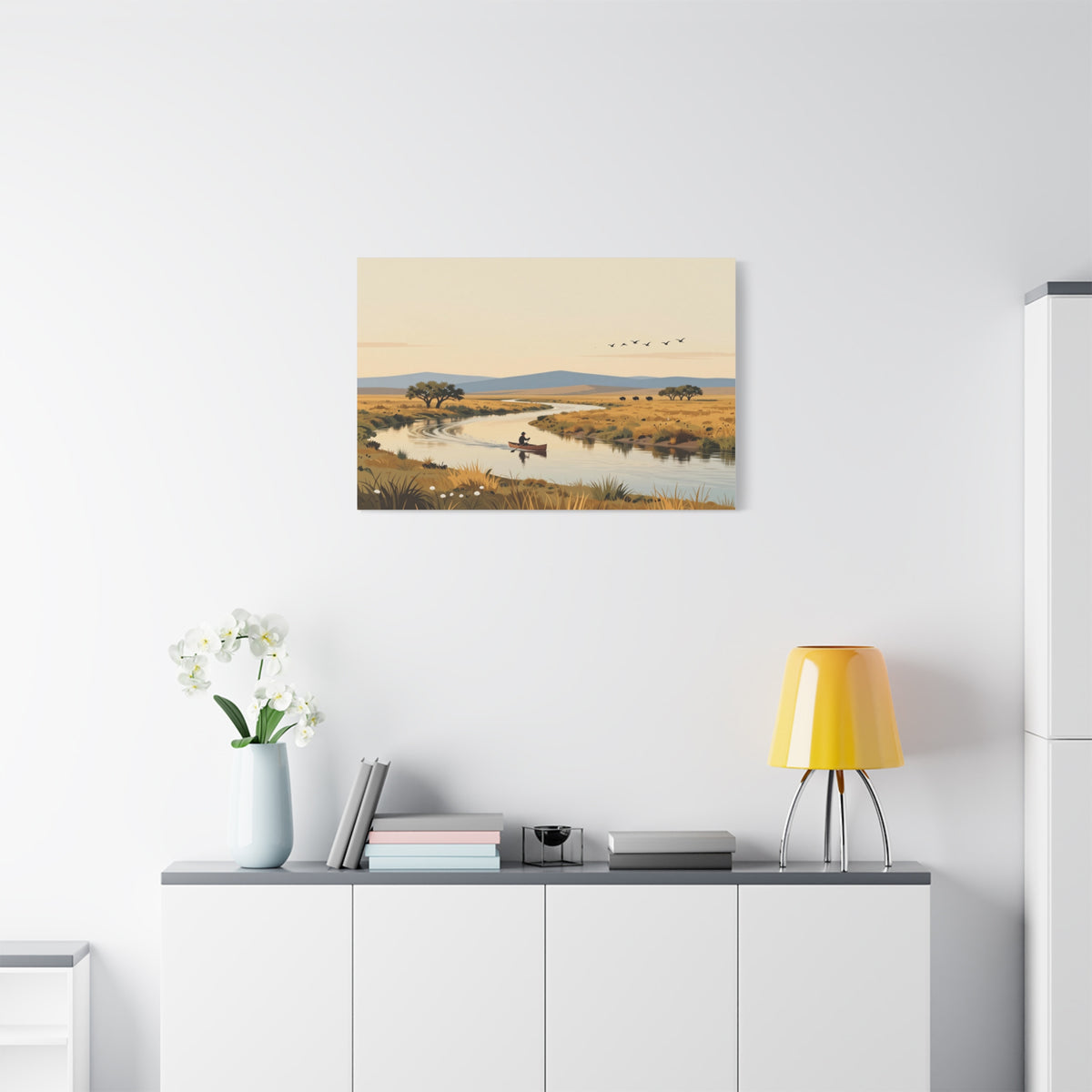 Landscape Canvas Stretch - River Boat Nature Sunset Birds Style Original Vibrant Stylish Creative